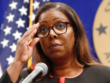 New York State Attorney General Letitia James adjusts her glasses as she announces that the state is suing the National Rifle Association during a press conference, Thursday, Aug. 6, 2020, in New York.