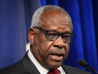 WASHINGTON, DC - OCTOBER 21: Associate Supreme Court Justice Clarence Thomas speaks at the Heritage Foundation on October 21, 2021 in Washington, DC. Clarence Thomas has now served on the Supreme Court for 30 years. He was nominated by former President George H. W. Bush in 1991 and is the …