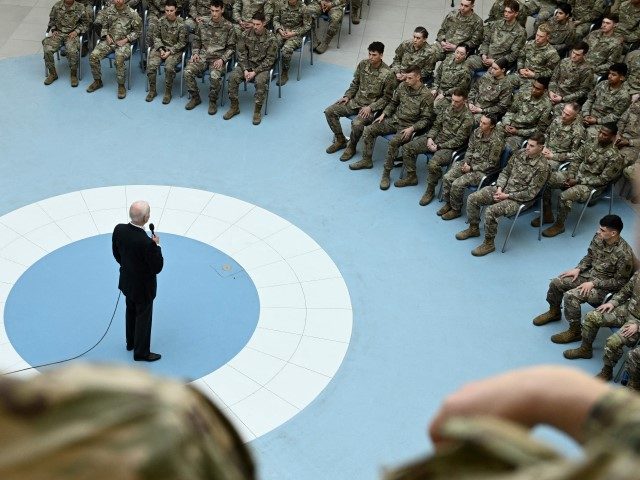 US President Joe Biden delivers a speech during a visit to service members from the 82nd Airborne Division, who are contributing alongside Polish Allies to deterrence on the Alliances Eastern Flank, in the city of Rzeszow in southeastern Poland, around 100 kilometres (62 miles) from the border with Ukraine, on …