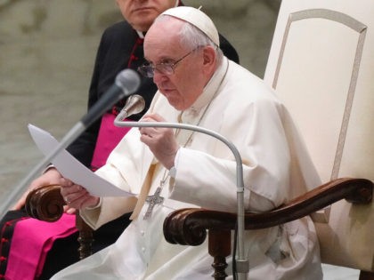 Pope Francis delivers his message during his weekly general audience at the Vatican, Wedne