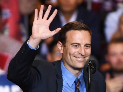 LAS VEGAS, NV - SEPTEMBER 20: Nevada Attorney General and Republican gubernatorial candidate Adam Laxalt waves after speaking during a Donald Trump campaign rally at the Las Vegas Convention Center on September 20, 2018 in Las Vegas, Nevada. Trump is in town to support Laxalt, the re-election campaign for U.S. …