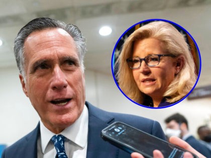 Sen. Mitt Romney, R-Utah, talks to reporters during votes, at the Capitol in Washington, Tuesday, Feb. 15, 2022. (AP Photo/J. Scott Applewhite) Rep. Liz Cheney, R-Wyo., speaks during the Nackey S. Loeb School of Communications' 18th First Amendment Awards at the NH Institute of Politics at Saint Anselm College, Tuesday, …