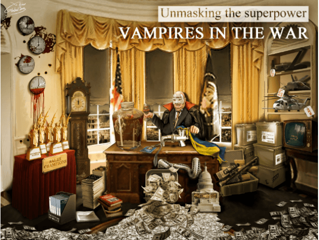 Screenshot of Global Times article cartoon, "UKRAINE CRISIS / UNMASKING THE SUPERPOWER 'Va