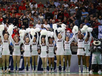 DALLAS, TX - MARCH 15: The St. Bonaventure Bonnies cheerleaders are seen before the game against the Florida Gators in the first half in the first round of the 2018 NCAA Men's Basketball Tournament at American Airlines Center on March 15, 2018 in Dallas, Texas. (Photo by Ronald Martinez/Getty Images)