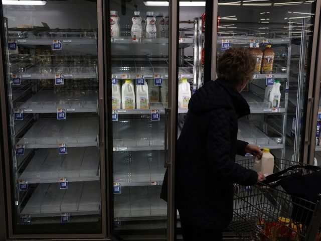 SPRINGFIELD, VIRGINIA - JANUARY 12: A woman takes a jug of milk off of depleted refrigerated shelves at a Giant Food Supermarket January 12, 2022 in Springfield, Virginia. Grocery stores across the country have experienced shortages due to supply chain disruptions caused by back-to-back snowstorms and a shortage of workers …
