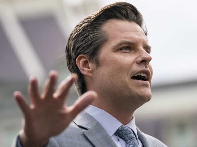 WASHINGTON, DC - APRIL 21: Rep. Matt Gaetz (R-FL) speaks to reporters outside the West Wing of the White House following a meeting with U.S. President Donald Trump on April 21, 2020, in Washington, DC. The president met with lawmakers about the $482 billion aid package that would replenish a …