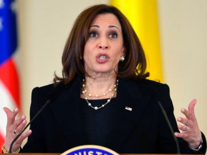 U.S. Vice President Kamala Harris makes statements during a press conference with the Roma
