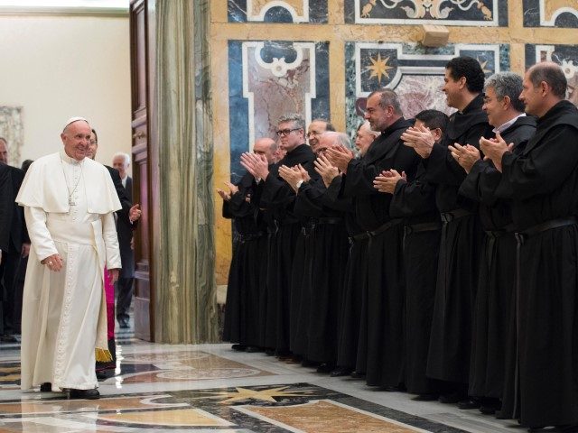 Pope Francis meets with members of the Order of Augustinian Recollects at the Vatican, Thursday, Oct. 20, 2016.