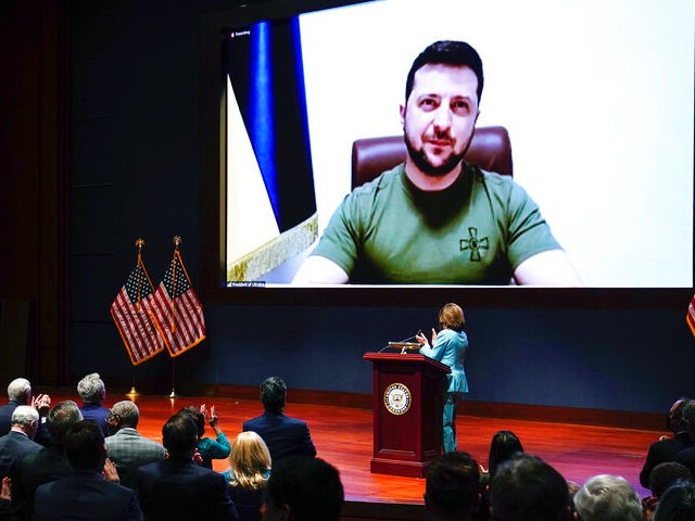 Ukrainian President Volodymyr Zelenskyy delivers a virtual address to Congress by video at the Capitol in Washington, Wednesday, March 16, 2022. (Sarah Silbiger, Pool via AP)
