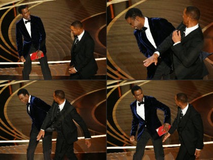 (COMBO) This combination of pictures created on March 28, 2022 shows US actor Will Smith (R) approaches US actor Chris Rock onstage,and US actor Will Smith (R) slaps US actor Chris Rock onstage, during the 94th Oscars at the Dolby Theatre in Hollywood, California on March 27, 2022. (Photo by …