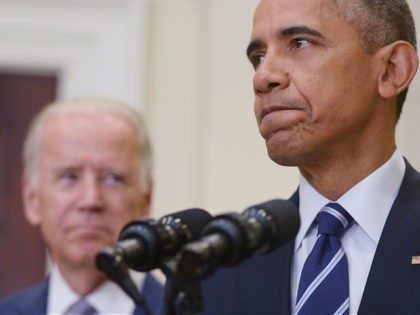US President Barack Obama speaks on the Keystone XL pipeline, watched by Vice President Joe Biden, on November 6, 2015 in the Roosevelt Room of the White House in Washington, DC. President Obama on Friday blocked the construction of a controversial Keystone XL oil pipeline between Canada and the United …