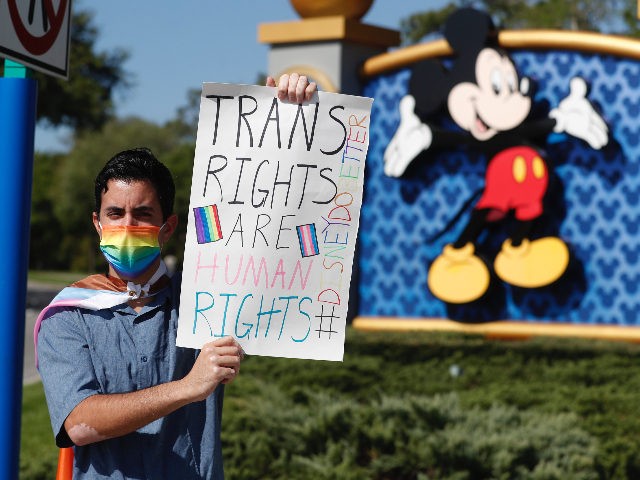 ORLANDO, FL - MARCH 22: Disney employee Nicholas Maldonado holds a sign while protesting o