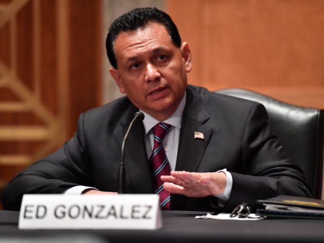 Ed Gonzalez testifies before a Senate Homeland Security Committee hearing on his nomination to be Assistant Secretary of Homeland Security for Immigration and Customs Enforcement, in Washington, DC, on July 15, 2021. (Photo by Nicholas Kamm / AFP) (Photo by NICHOLAS KAMM/AFP via Getty Images)