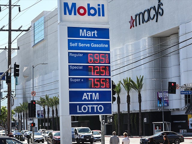 LOS ANGELES, CALIFORNIA - MARCH 07: High gas prices are displayed at a Mobil station across the street from the Beverly Center on March 7, 2022 in Los Angeles, California. The average price of one gallon of regular self-service gasoline rose to a record $5.429 yesterday in Los Angeles County …