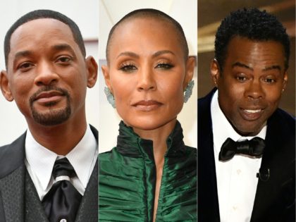 This combination of pictures created on March 27, 2022 shows US actor Will Smith (L), US actress Jada Pinkett Smith attend the 94th Oscars at the Dolby Theatre in Hollywood, California on March 27, 2022 and US actor Chris Rock speaks onstage during the 94th Oscars at the Dolby Theatre …