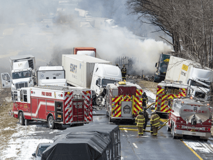 Interstate 81 North near the Minersville exit, Foster Twp., Pa., was the scene of a multi-vehicle crash on Monday, March 28, 2022. (David McKeown/Republican-Herald via AP)