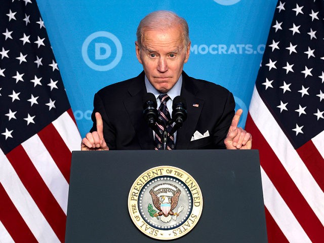 WASHINGTON, DC - MARCH 10: U.S. President Joe Biden gestures as he gives remarks a the DNC