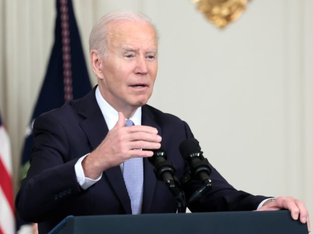 WASHINGTON, DC - APRIL 01: U.S. President Joe Biden gestures as he delivers remarks on the