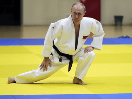 Russian President Vladimir Putin takes part in a training session with members of the Russian national judo team in Sochi on February 14, 2019. (Photo by Mikhail KLIMENTYEV / SPUTNIK / AFP)