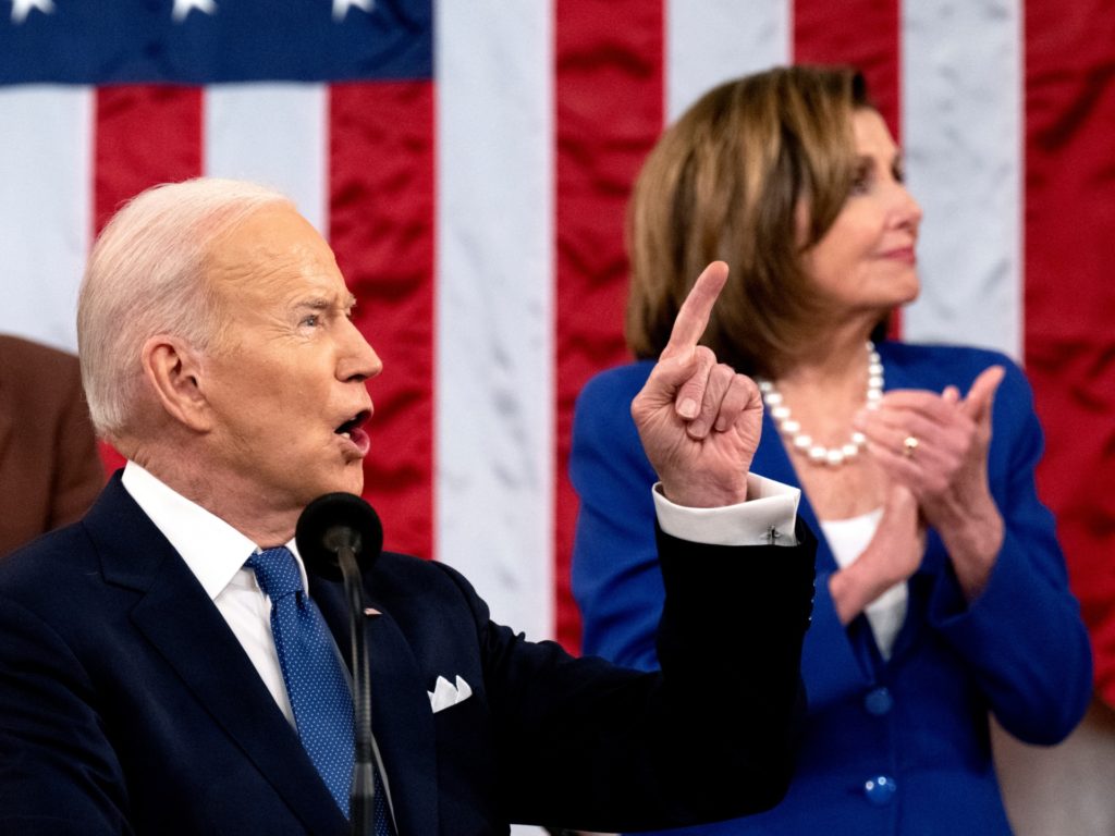 WASHINGTON, DC - MARCH 01: US President Joe Biden delivers the State of the Union address as U.S. Vice President Kamala Harris (L) and House Speaker Nancy Pelosi (D-CA) applaud during a joint session of Congress in the U.S. Capitol House Chamber on March 1, 2022 in Washington, DC. During his first State of the Union address, President Joe Biden spoke on his administration’s efforts to lead a global response to the Russian invasion of Ukraine, work to curb inflation, and bring the country out of the COVID-19 pandemic. (Photo by Saul Loeb - Pool/Getty Images)