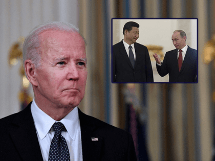 President Joe Biden, China's Xi Jinping (L) and Russia's Vladimir Putin (R) (inset)