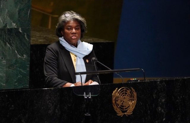 US Ambassador to the United Nations Linda Thomas-Greenfield speaks at the UN General Assem