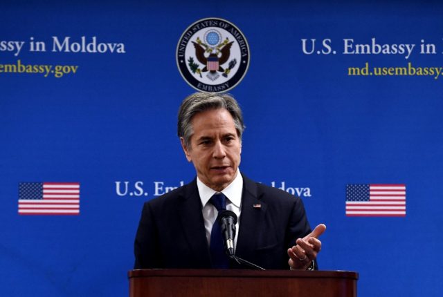 US Secretary of State Antony Blinken speaks to US Embassy staff in Chisinau, Moldova, on M