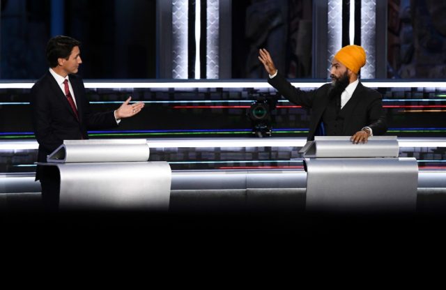 Canadian Prime Minister and Liberal Leader Justin Trudeau (L) and NDP Leader Jagmeet Singh