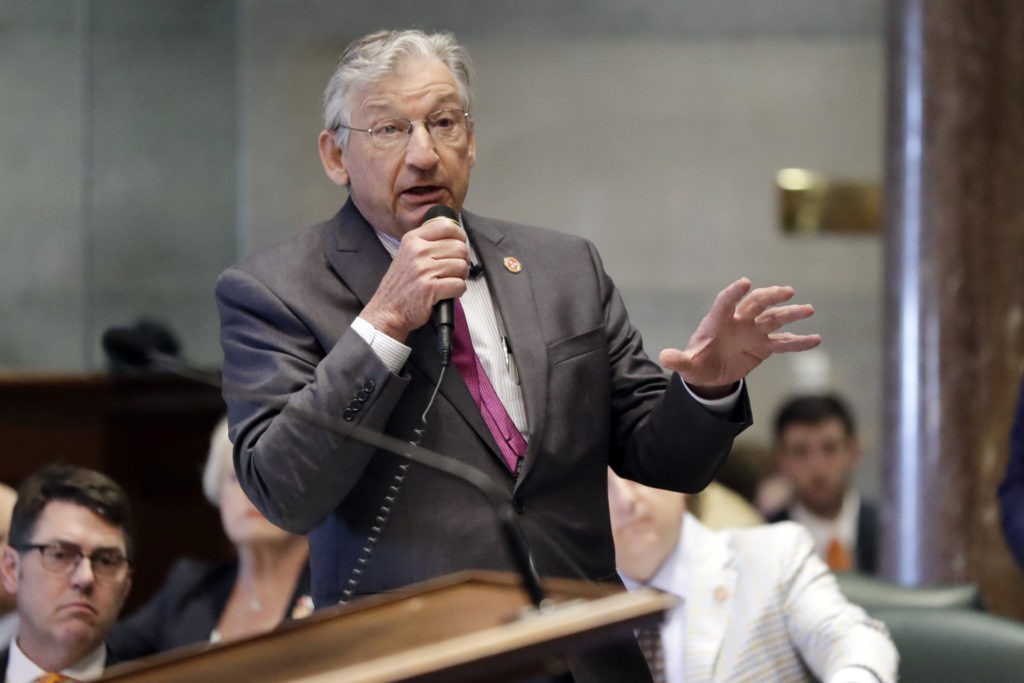 Sen. Frank Niceley, R-Strawberry Plains, speaks during a debate on school voucher legislation Wednesday, May 1, 2019, in Nashville, Tenn. The GOP-supermajority House and Senate passed a negotiated version of the bill that would increase the amount of public dollars that can pay for private tuition and other expenses. (AP Photo/Mark Humphrey)
