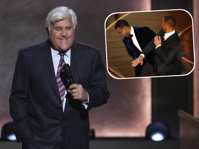 (INSET: Will Smith slaps Chris Rock at the 2022 Oscars) Host Jay Leno appears on stage dur