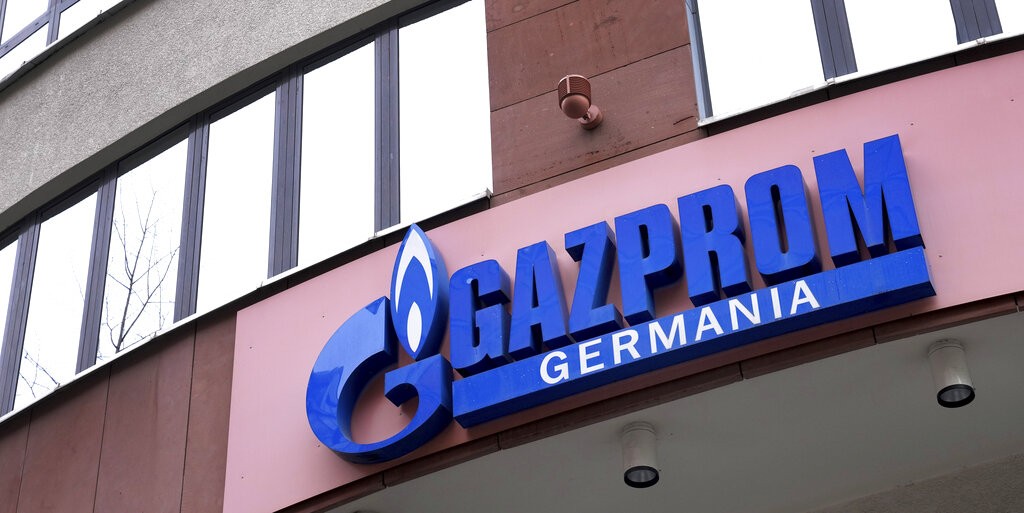 The logo of 'Gazprom Germania' is pictured at the company's headquarters in Berlin, Germany, Wednesday, April 6, 2022. (AP Photo/Michael Sohn)