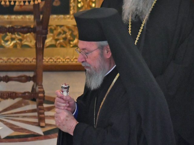 Pope Francis and Archbishop Chrysostomos II of Cyprus (R) are pictured at the Archbishopri