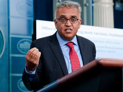 WASHINGTON, DC - APRIL 26: White House Coronavirus Response Coordinator Dr. Ashish Jha gestures as he speaks at a daily press conference in the James Brady Press Briefing Room of the White House on April 26, 2022 in Washington, DC. Dr. Jha came to the briefing room to speak on …