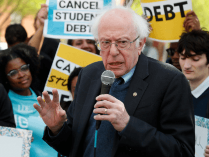 WASHINGTON, DC - APRIL 27: Sen. Bernie Sanders (I-VT) joins student debtors to again call on President Biden to cancel student debt at an early morning action outside the White House on April 27, 2022 in Washington, DC. (Photo by Paul Morigi/Getty Images for We The 45 Million)