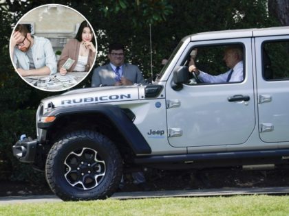 President Joe Biden drives a Jeep Wrangler 4xe Rubicon on the South Lawn of the White Hous