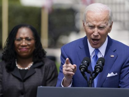President Joe Biden, accompanied by Judge Ketanji Brown Jackson, speaks during an event on the South Lawn of the White House in Washington, Friday, April 8, 2022, celebrating the confirmation of Jackson as the first Black woman to reach the Supreme Court.
