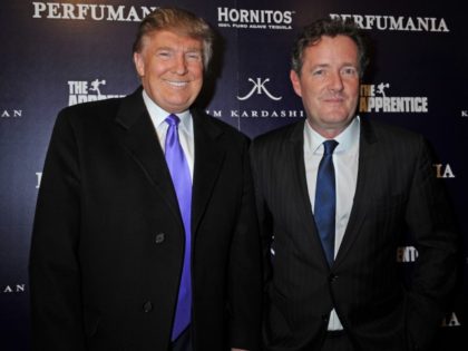 Donald Trump, left, and Piers Morgan arrive for the Perfumania party celebrating the appearance of Kim Kardashian on the reality show "The Apprentice", Wednesday, Nov. 10, 2010, in New York.