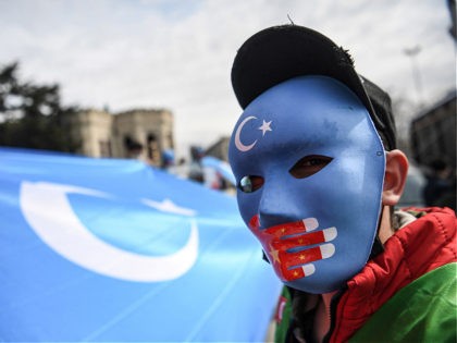 A demonstrator wears a mask painted with the colours of the flag of East Turkestan during