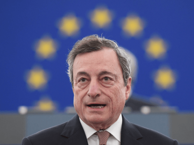 The President of the European Central Bank (ECB) Mario Draghi speaks during a ceremony to commemorate the 20th anniversary of the launch of the Euro at the European Parliament on January 15, 2019 in Strasbourg. (Photo by FREDERICK FLORIN / AFP) (Photo credit should read FREDERICK FLORIN/AFP via Getty Images)