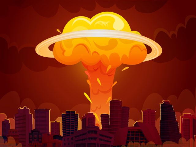 Downtown city center skyscrapers with bright orange fiery nuclear explosion mushroom clouds retro cartoon poster vector illustration