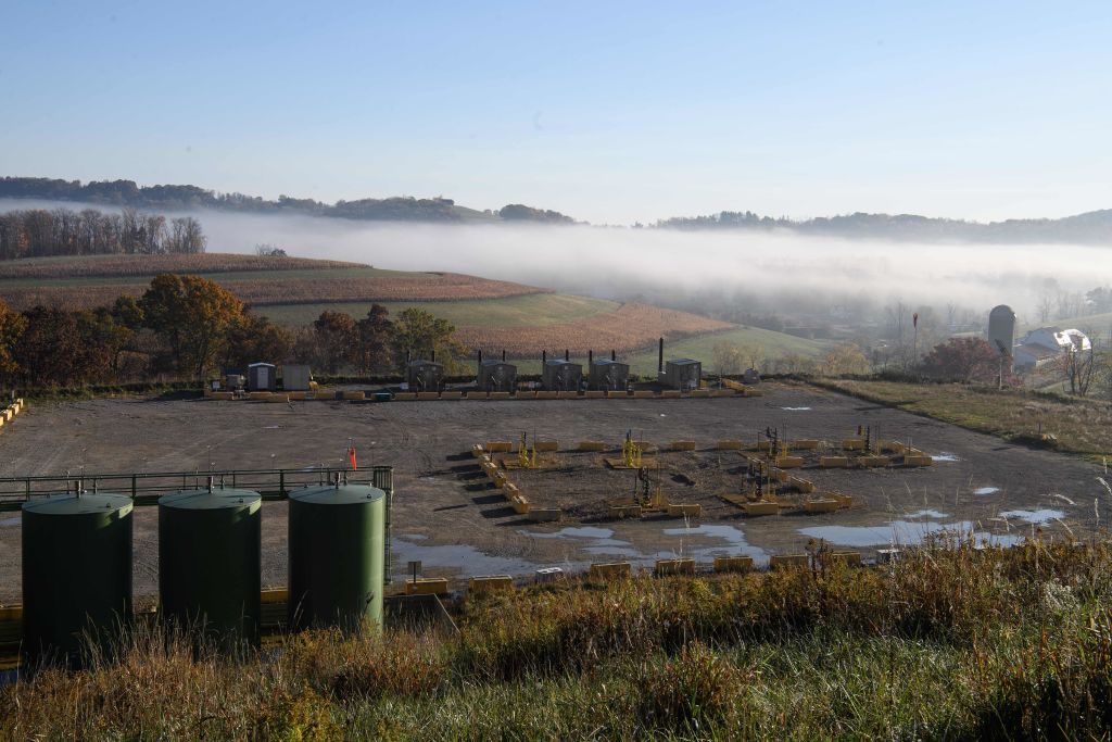 View of the Lusk fracking facility in Scenery Hill, Pennsylvania, on October 22, 2020. - There are many complexities around the debate over fracking that is center stage during the 2020 US presidential election, even as some residents of the country's most heavily fracked region have soured on an industry that had promised economic revival. (Photo by NICHOLAS KAMM / AFP) (Photo by NICHOLAS KAMM/AFP via Getty Images)