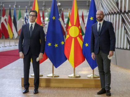 President of North Macedonia Stevo Pendarovski (L) poses with European Council President Charles Michel ahead of a meeting at the European Council in Brussels, on April 27, 2021. (Photo by Stephanie LECOCQ / POOL / AFP) (Photo by STEPHANIE LECOCQ/POOL/AFP via Getty Images)