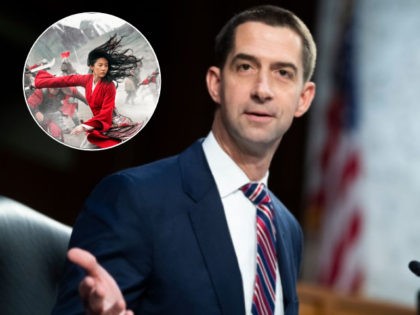 WASHINGTON, DC - SEPTEMBER 29: Sen. Tom Cotton (R-AR) speaks during the Senate Judiciary Committee hearing examining Texas's abortion law on Capitol Hill in Hart Senate Office Building on September 29, 2021 in Washington, DC. Inset: This image released by Disney shows Yifei Liu in the title role of "Mulan."