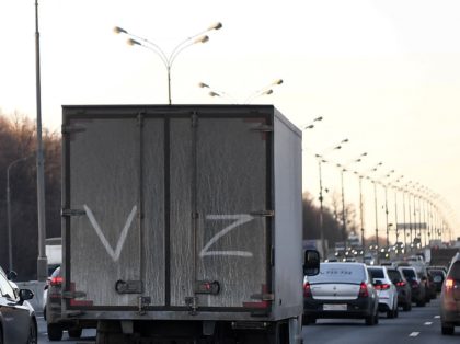 A truck with the letter "Z", which has become a symbol of support for Russian military action in Ukraine, on its back doors drives on the Moscow Ring Road -- known by its acronym MKAD in Russian, in Moscow on March 22, 2022. (Photo by AFP) (Photo by -/AFP via …