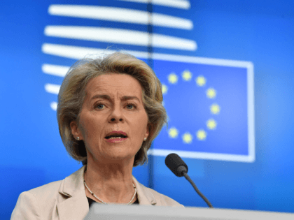 European Commission President Ursula von der Leyen talks to the press on the second day of a European Union (EU) summit at the EU Headquarters, in Brussels on March 25, 2022. (Photo by JOHN THYS / AFP) (Photo by JOHN THYS/AFP via Getty Images)