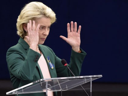 European Commission President Ursula von der Leyen gestures as she speaks during a Questio