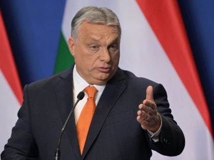 Hungarian Prime Minister Viktor Orban gives his first international press conference after his FIDESZ party won the parliamentary election, in the Karmelita monastery housing the prime minister's office in Budapest on April 6, 2022. - A patriot to his supporters but an autocrat to his critics, Hungary's all-powerful premier Viktor …