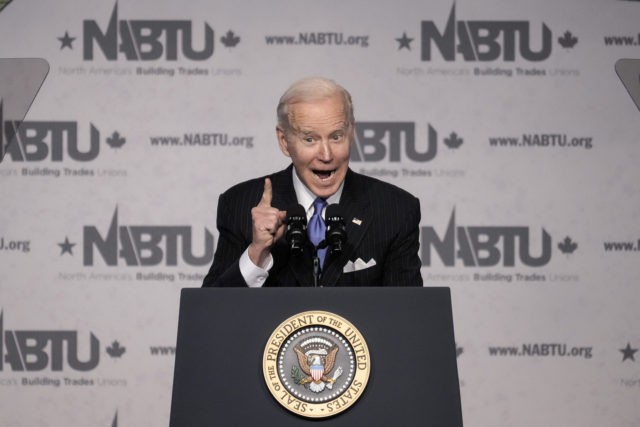 WASHINGTON, DC - APRIL 6: U.S. President Joe Biden speaks during the annual North Americas Building Trades Unions Legislative Conference at the Washington Hilton Hotel on April 6, 2022 in Washington, DC. North Americas Building Trades Unions is a labor organization representing more than 3 million skilled craft professionals in …