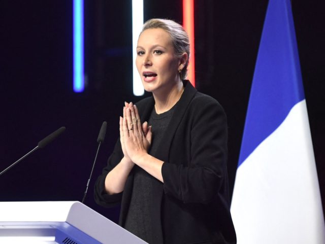 French far-right politician Marion Marechal delivers a speech during Media pundit and "Reconquete" party presidential candidate Eric Zemmour's meeting at the Palais des Sports in Paris, on April 7, 2022, as part of the political campaign, a few days before the first round of France's presidential election. (Photo by bERTRAND …