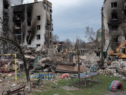 BORODIANKA, UKRAINE - APRIL 09: A destroyed apartment building is seen on April 9, 2022 in Borodianka, Ukraine. The Russian retreat from towns near Kyiv has revealed scores of civilian deaths and the full extent of devastation from Russia's attempt to seize the Ukrainian capital. (Photo by Alexey Furman/Getty Images)